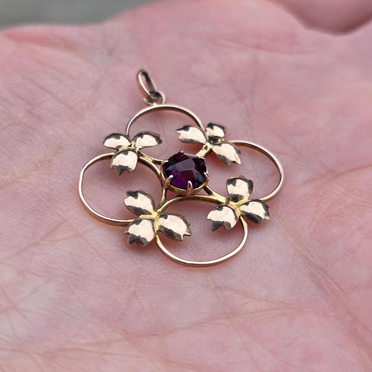 Antique Edwardian English Hallmarked Solid 9ct Rose Gold Amethyst Lavalier Pendant