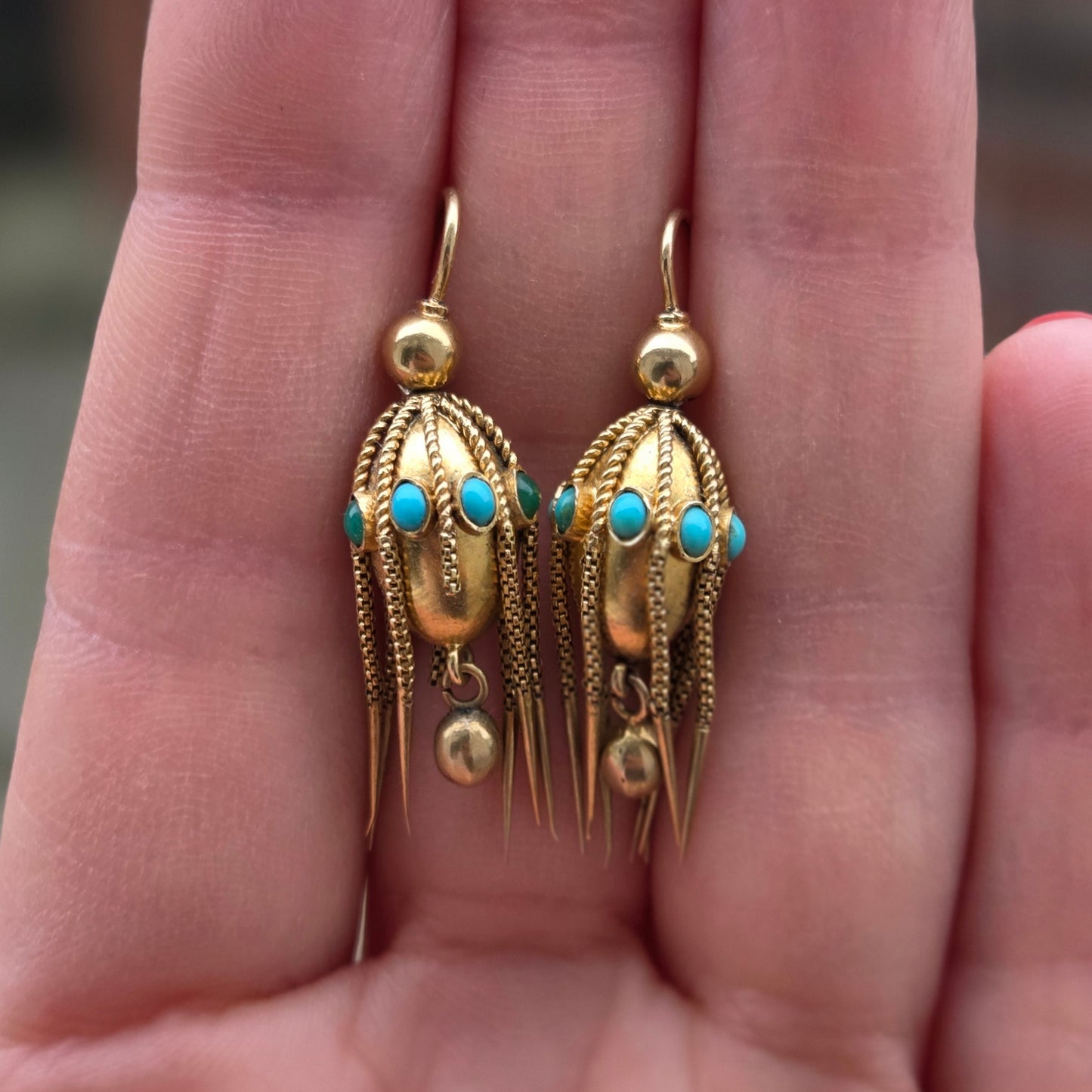 Antique Victorian Solid 18ct 18k Gold Etruscan Turquoise Drop Dangle Earrings