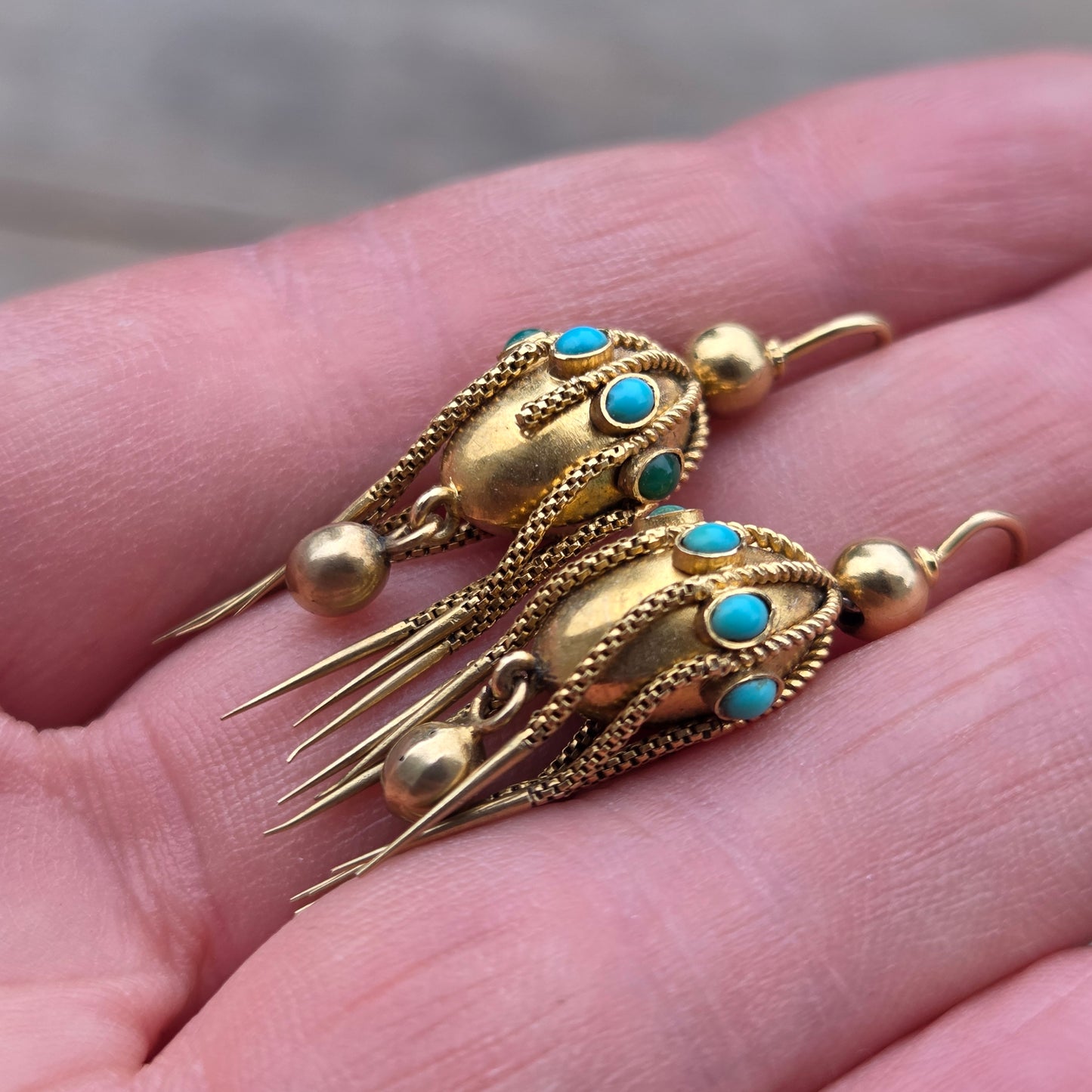 Antique Victorian Solid 18ct 18k Gold Etruscan Turquoise Drop Dangle Earrings