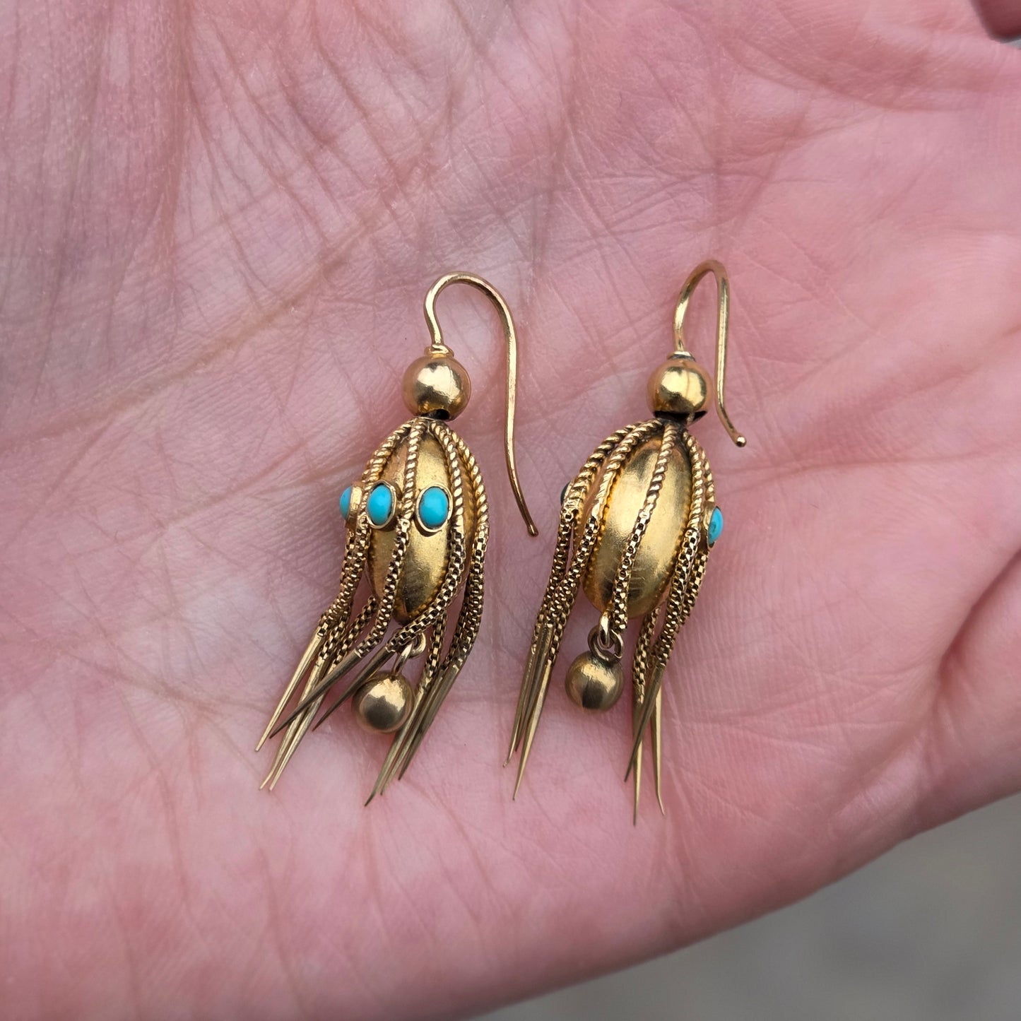 Antique Victorian Solid 18ct 18k Gold Etruscan Turquoise Drop Dangle Earrings
