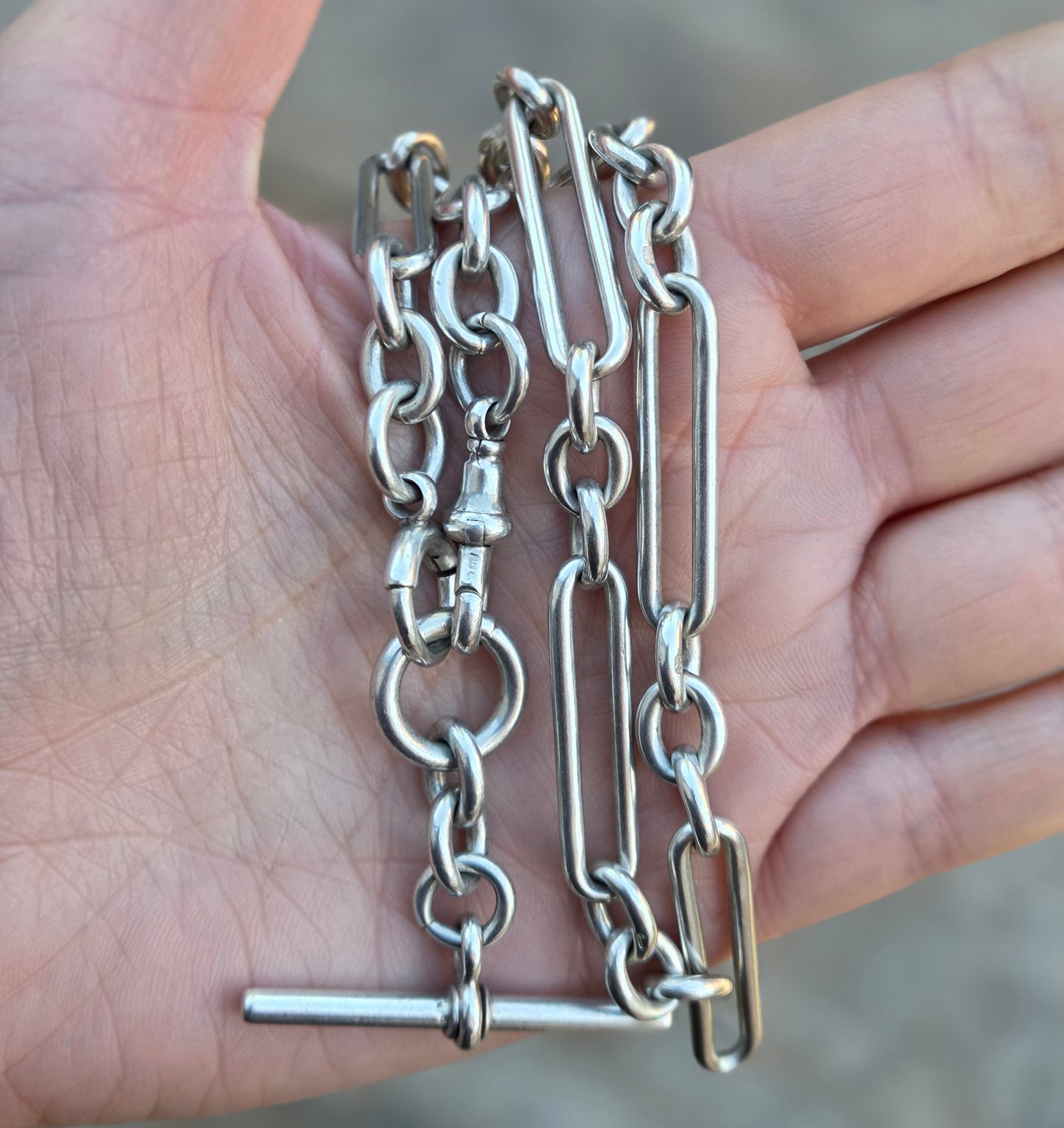 Antique 1876 Hallmarked Solid Sterling Silver Trombone Double Albert Chain Necklace 17'' 57g