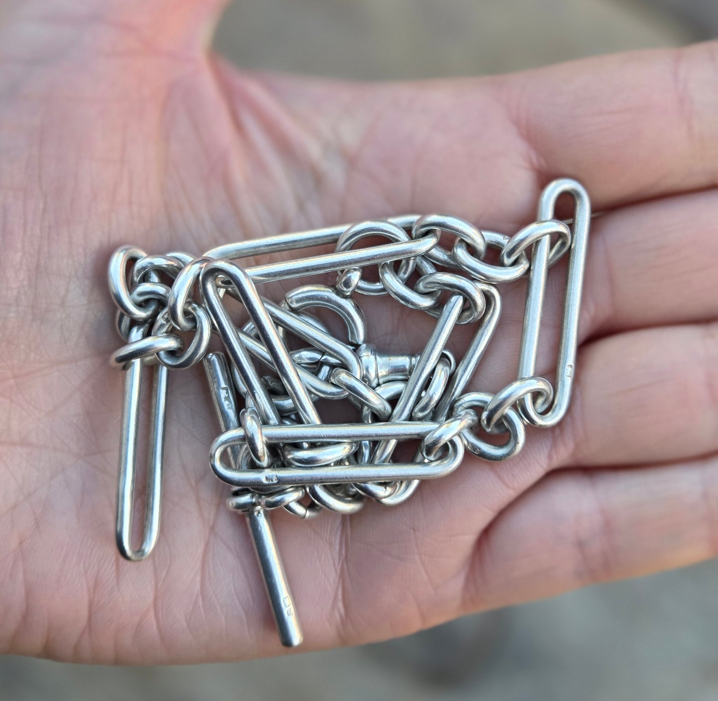 Antique 1876 Hallmarked Solid Sterling Silver Trombone Double Albert Chain Necklace 17'' 57g