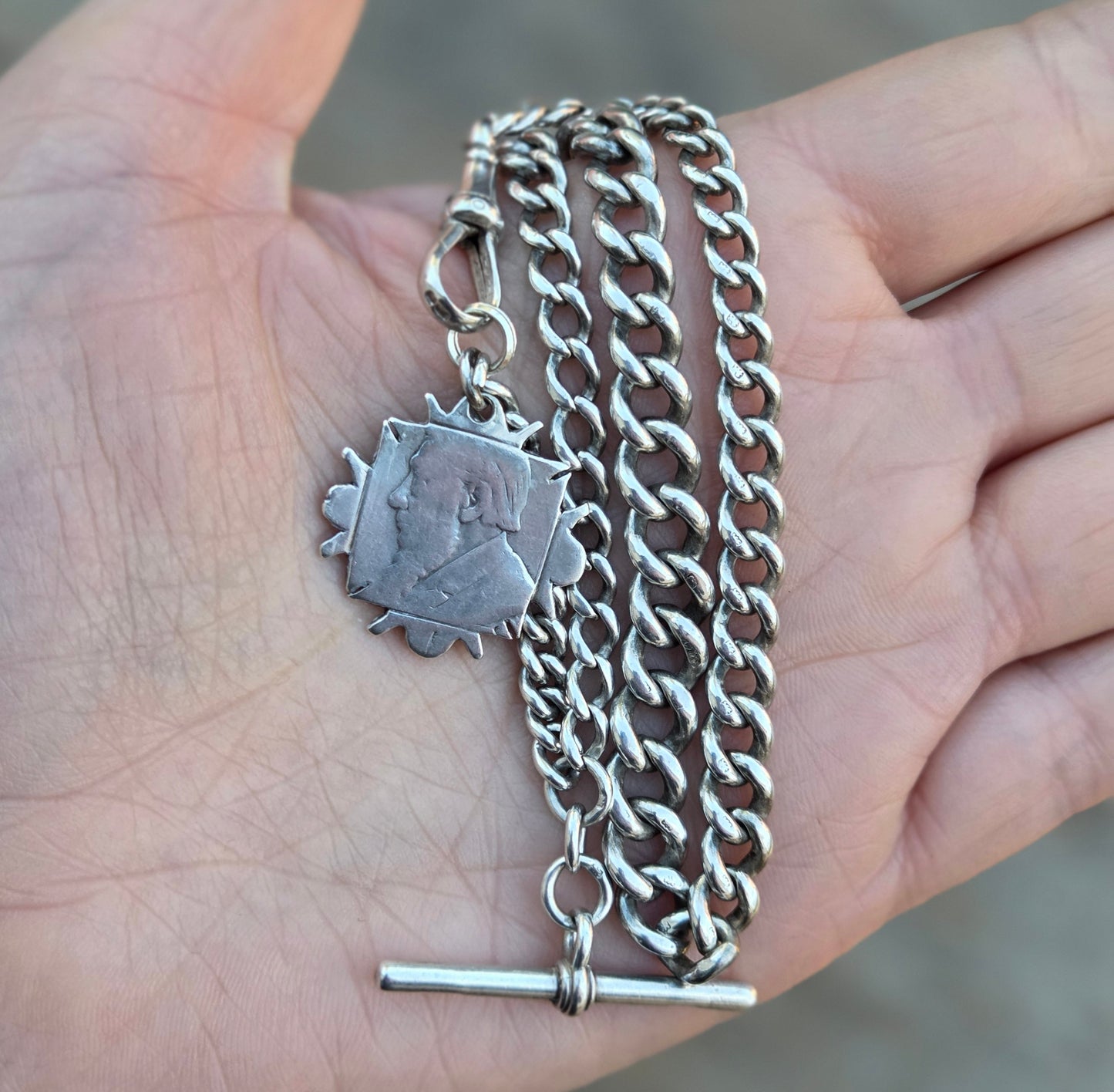 Antique 1914 Hallmarked Solid Sterling Silver Single Albert Curb Chain Shilling Fob 13'' 33g