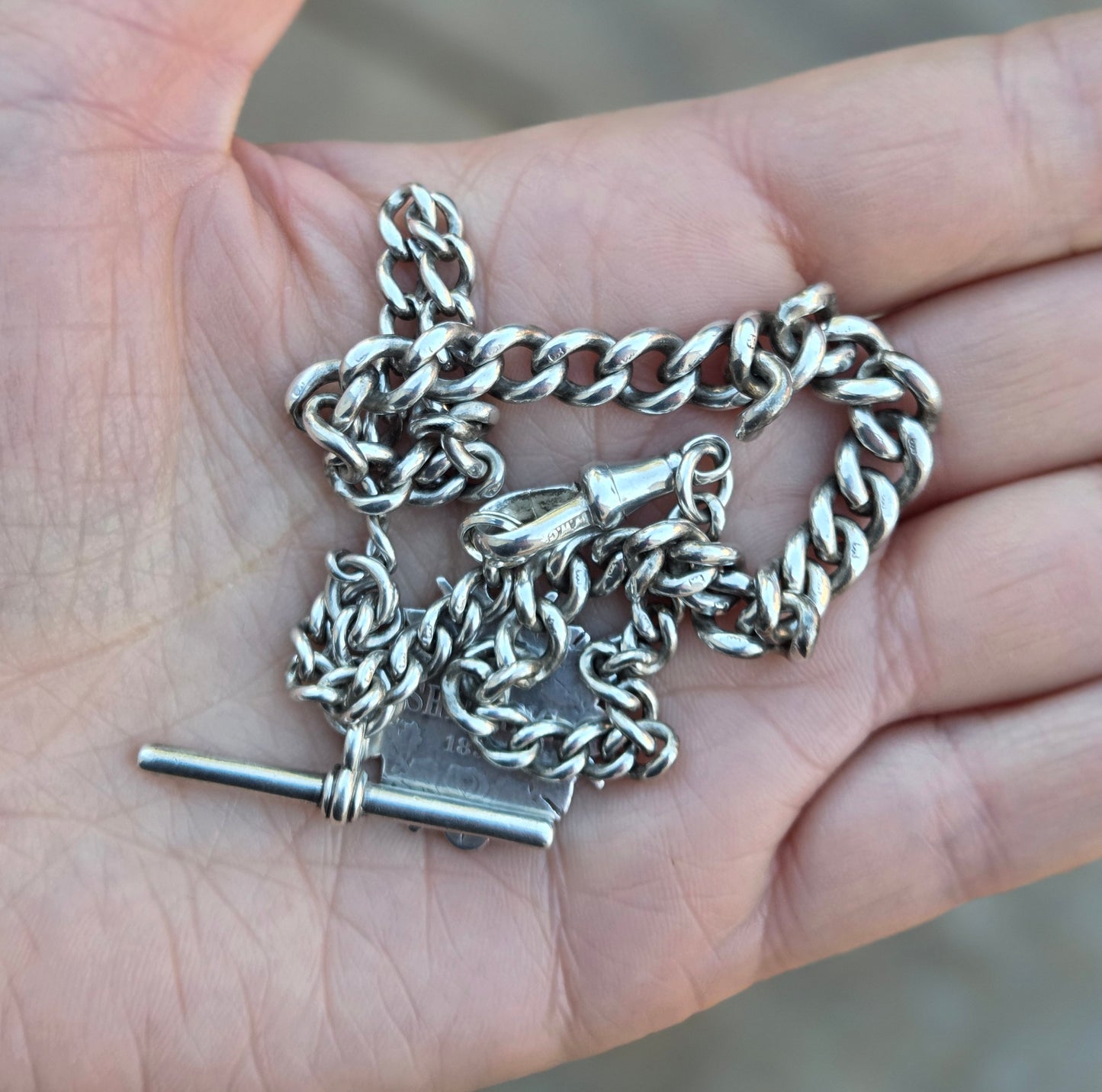 Antique 1914 Hallmarked Solid Sterling Silver Single Albert Curb Chain Shilling Fob 13'' 33g