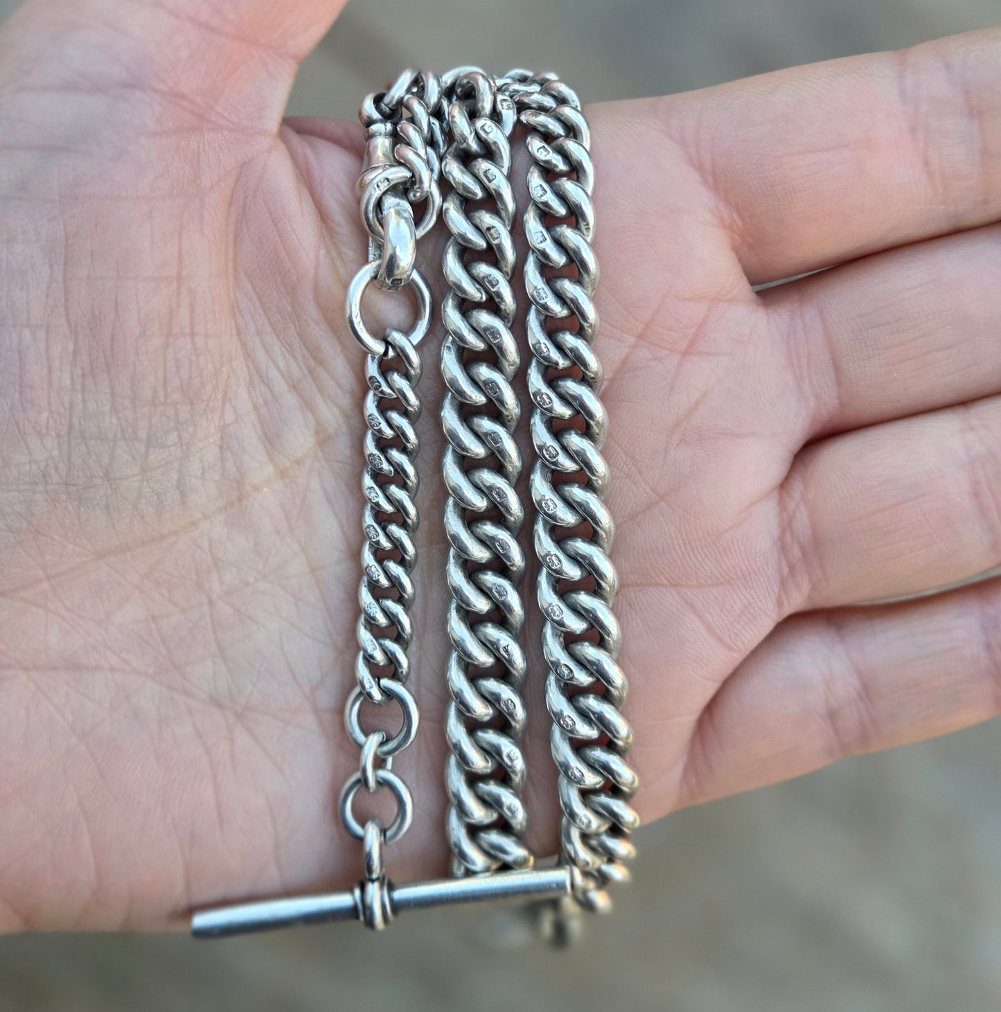 Antique 1894 Hallmarked Solid Sterling Silver Single Albert Curb Chain T Bar Fob 11.2'' 59g