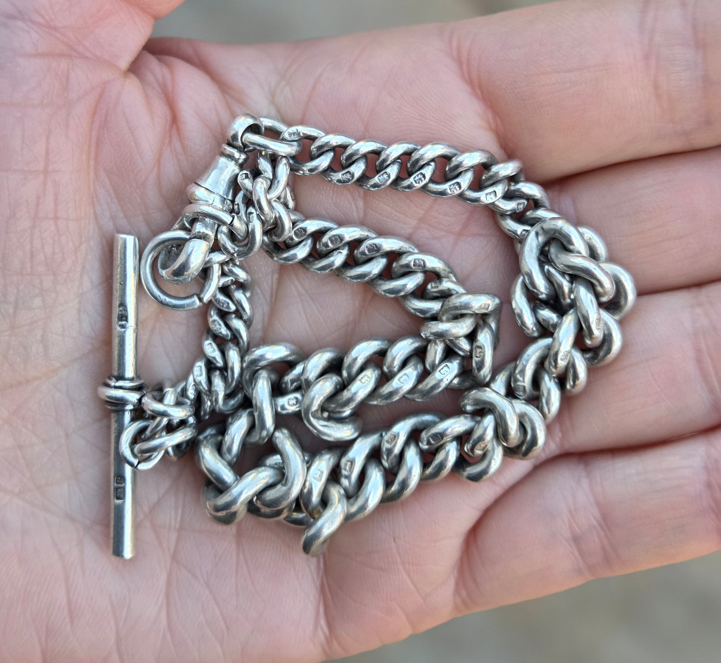 Antique 1894 Hallmarked Solid Sterling Silver Single Albert Curb Chain T Bar Fob 11.2'' 59g