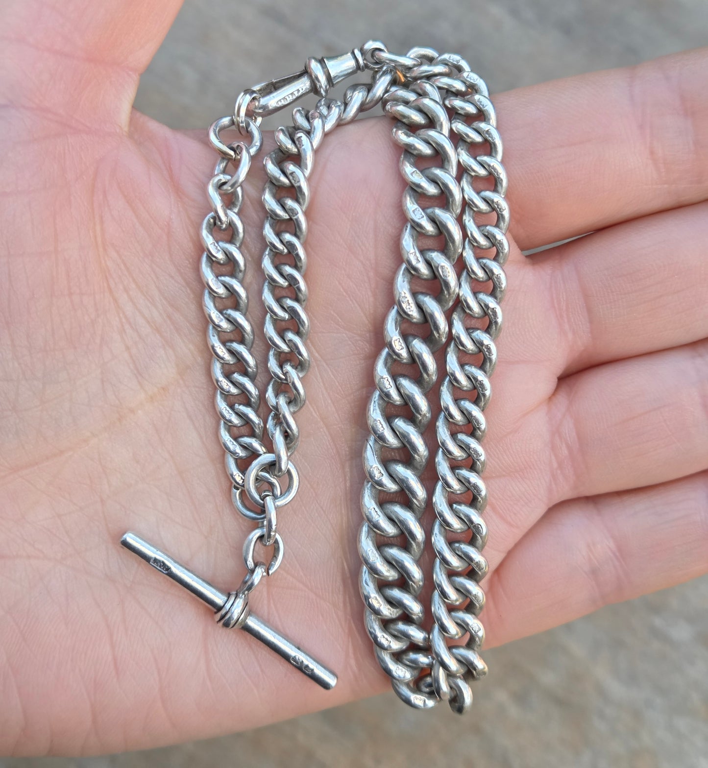 Antique 1899 Hallmarked Solid Sterling Silver Double Albert Chain Necklace 13.5'' 45g