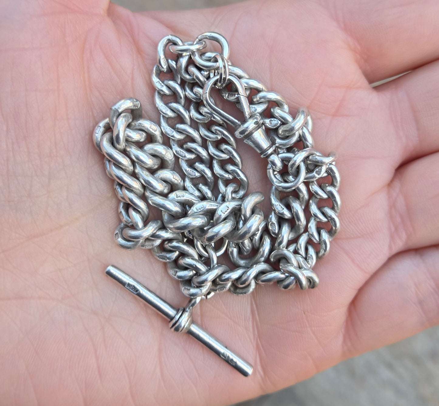 Antique 1899 Hallmarked Solid Sterling Silver Double Albert Chain Necklace 13.5'' 45g