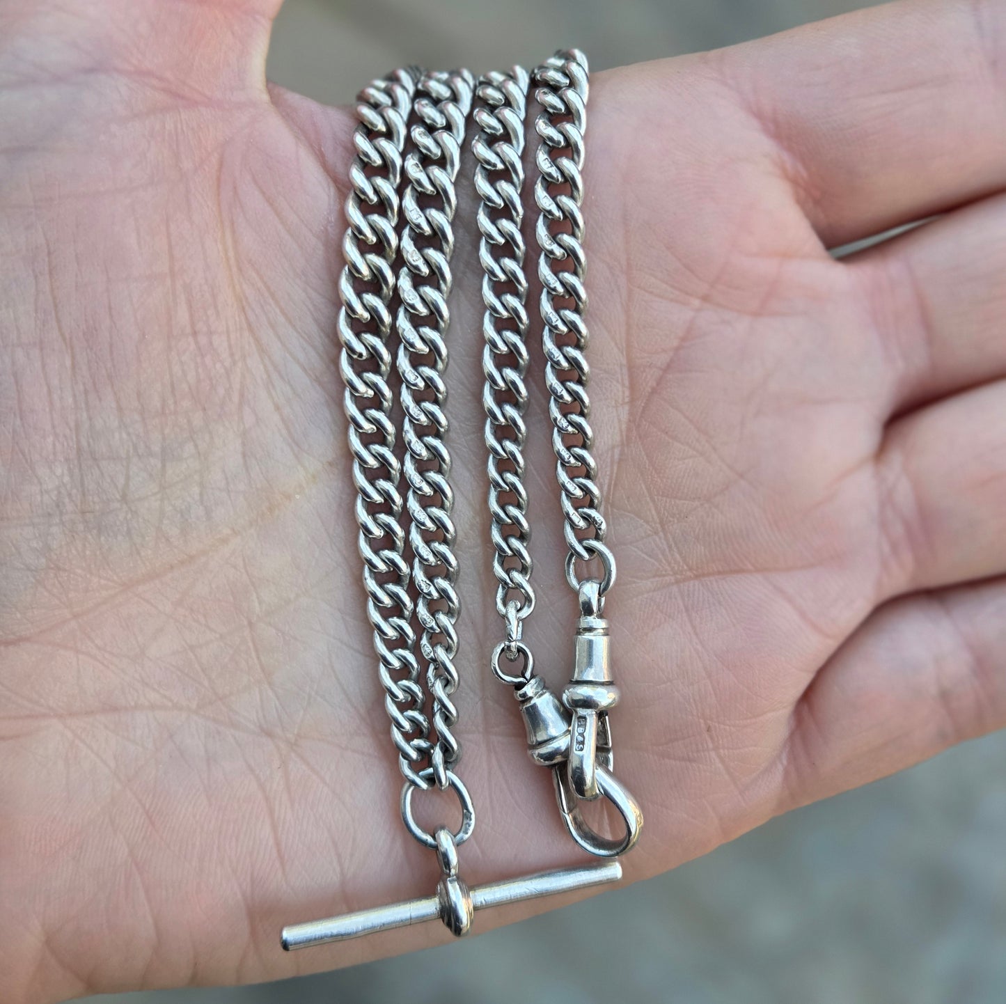 Antique 1936 Hallmarked Solid Sterling Silver Double Albert Chain Necklace 15.5'' 29g