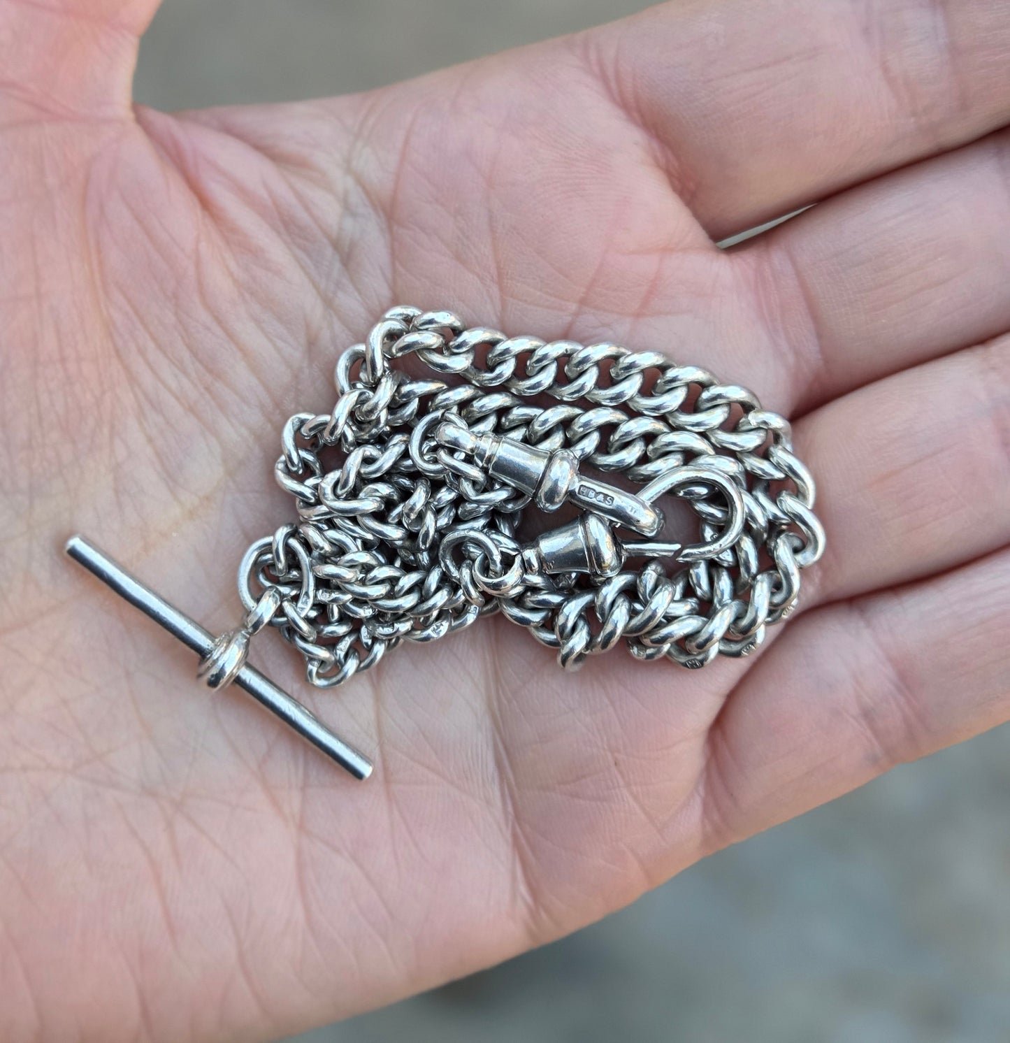 Antique 1936 Hallmarked Solid Sterling Silver Double Albert Chain Necklace 15.5'' 29g