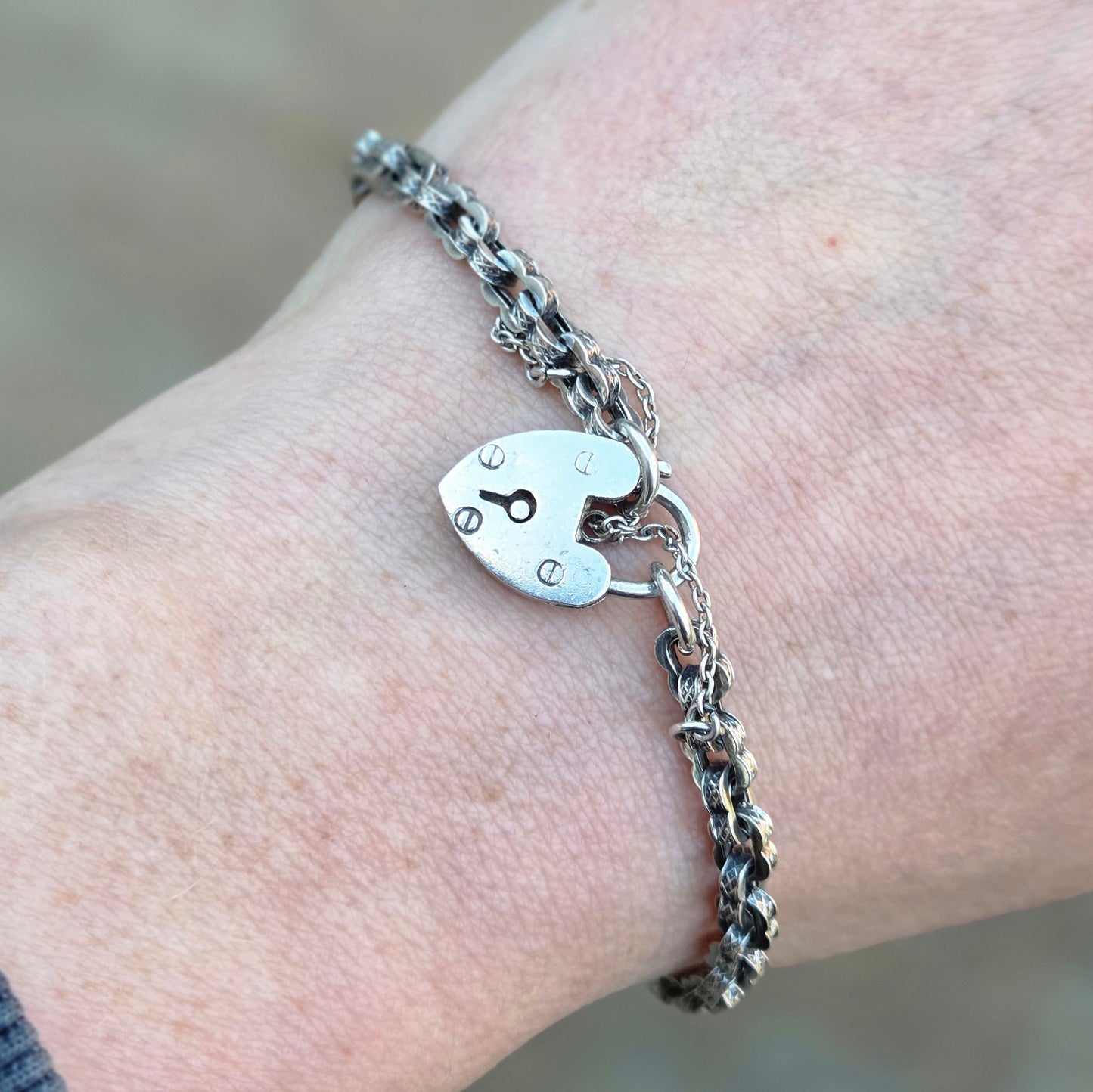 Antique Solid Sterling Silver Fancy Link Heart Padlock Chain Bracelet 7.75'' 8g