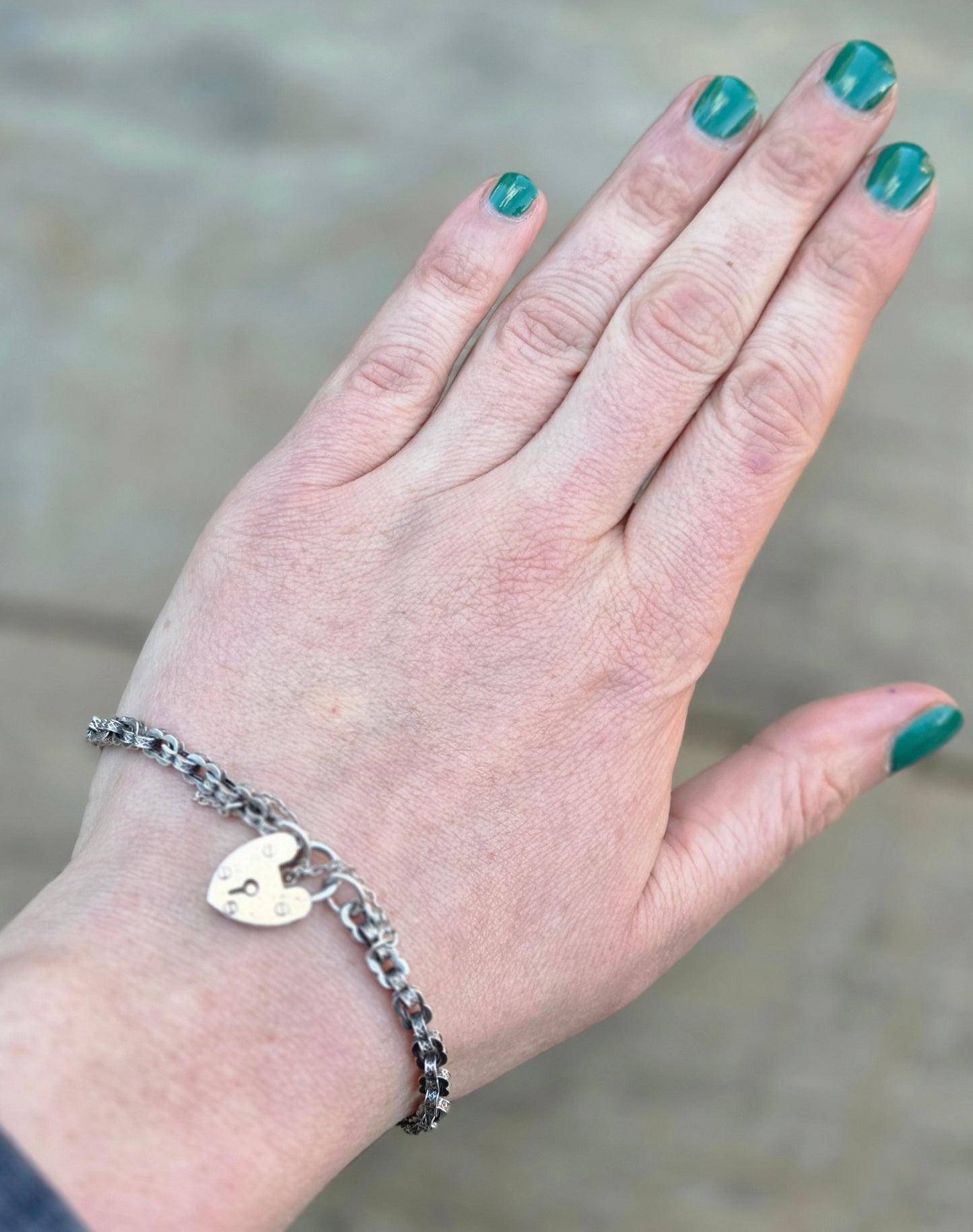 Antique Solid Sterling Silver Fancy Link Heart Padlock Chain Bracelet 7.75'' 8g