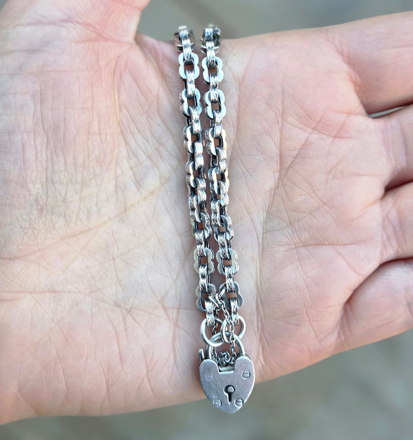 Antique Solid Sterling Silver Fancy Link Heart Padlock Chain Bracelet 7.75'' 8g