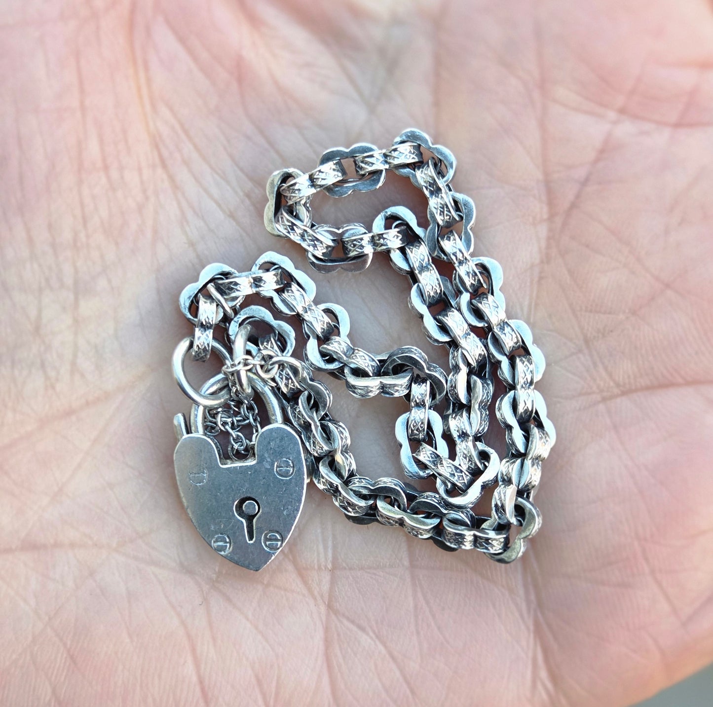 Antique Solid Sterling Silver Fancy Link Heart Padlock Chain Bracelet 7.75'' 8g