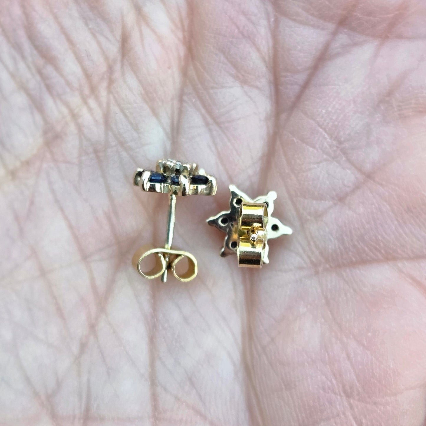 Vintage 1984 Hallmarked Solid 9ct 9k Gold Diamond Sapphire Star Stud Earrings