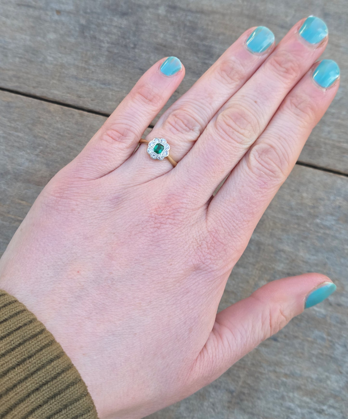 Antique Art Deco Hallmarked Solid 18ct 18k Gold Emerald Diamond Daisy Ring Size M