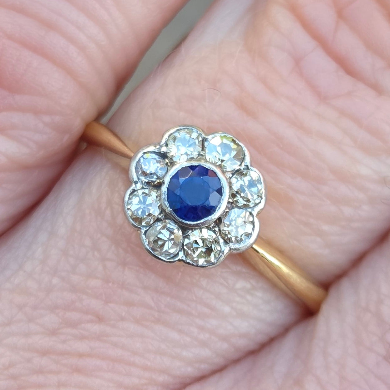 Antique Art Deco Hallmarked Solid 18ct 18k Gold Sapphire Diamond Daisy Ring Size L 1/2