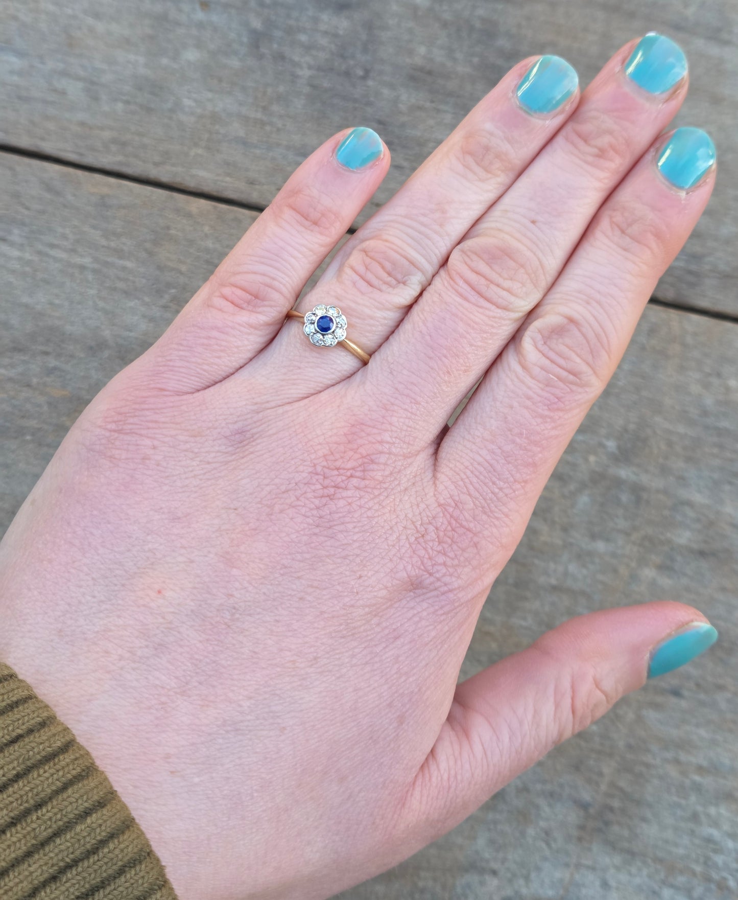 Antique Art Deco Hallmarked Solid 18ct 18k Gold Sapphire Diamond Daisy Ring Size L 1/2