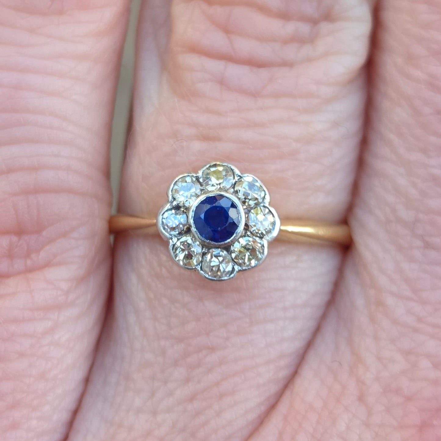 Antique Art Deco Hallmarked Solid 18ct 18k Gold Sapphire Diamond Daisy Ring Size L 1/2