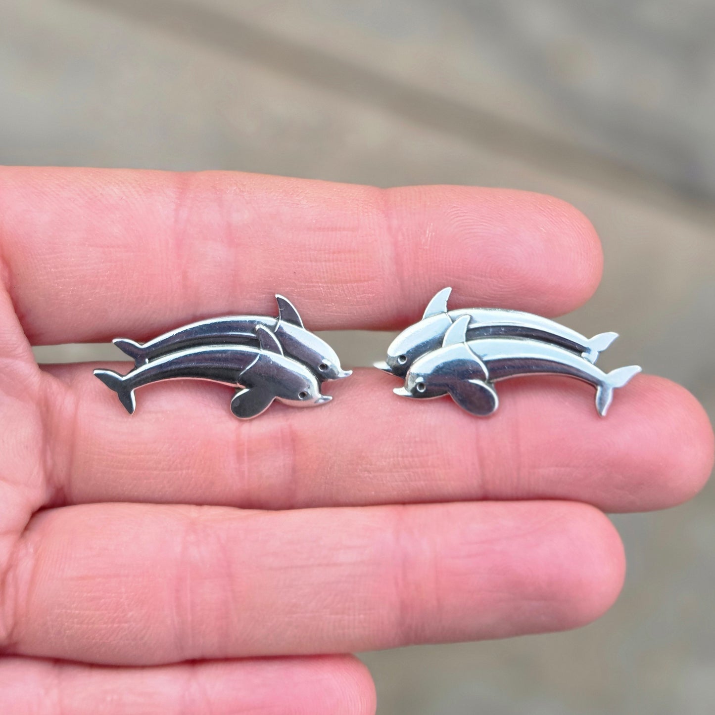 Vintage Mid Century Georg Jensen Denmark Solid Sterling Silver Dolphin Stud Earrings