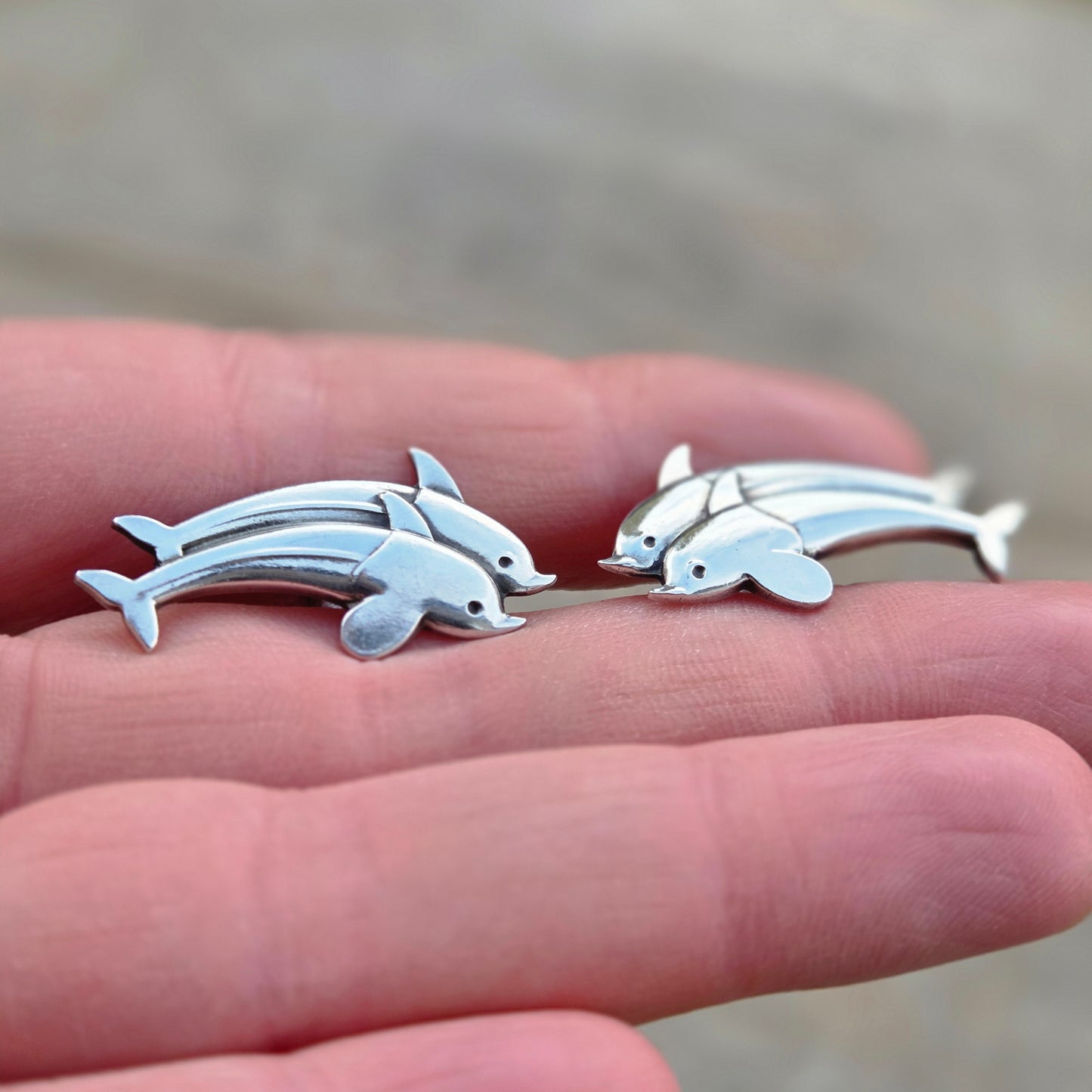 Vintage Mid Century Georg Jensen Denmark Solid Sterling Silver Dolphin Stud Earrings
