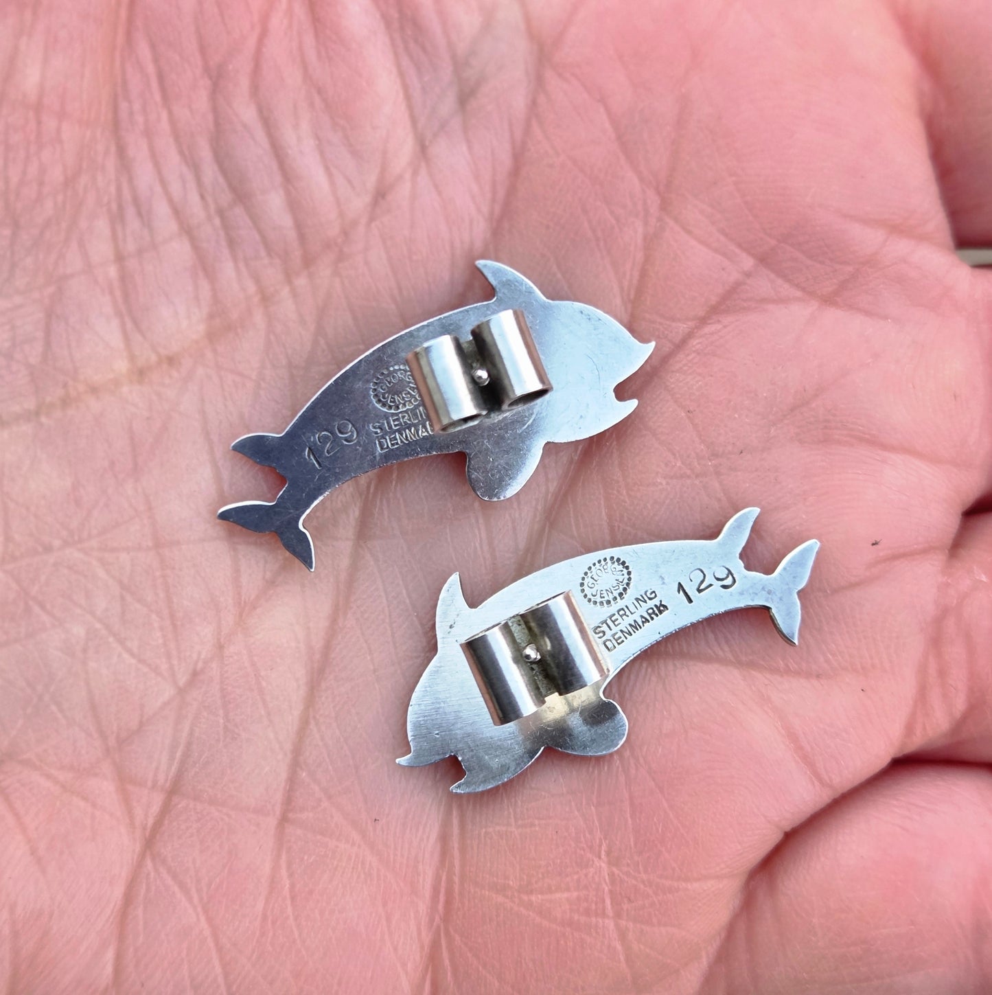 Vintage Mid Century Georg Jensen Denmark Solid Sterling Silver Dolphin Stud Earrings
