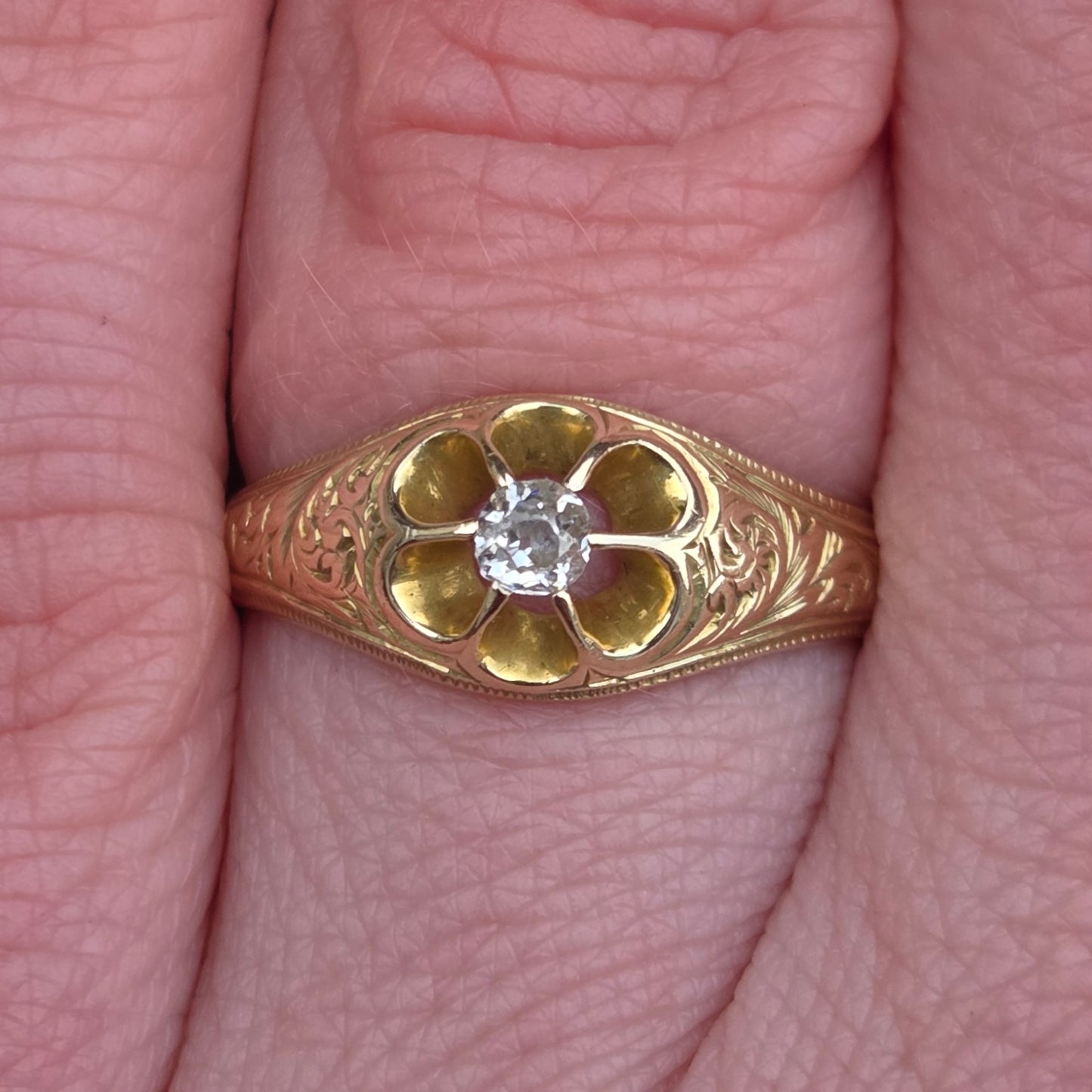 Antique Victorian Hallmarked Solid 15ct 15k Gold Diamond Belcher Daisy Ring Size L