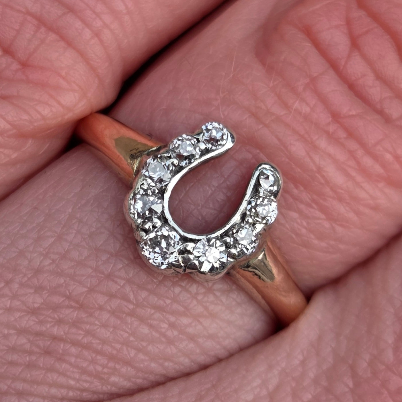 Antique Victorian Hallmarked Solid 9ct 9k Rose Gold Diamond Horse Shoe Ring Size L 1/2