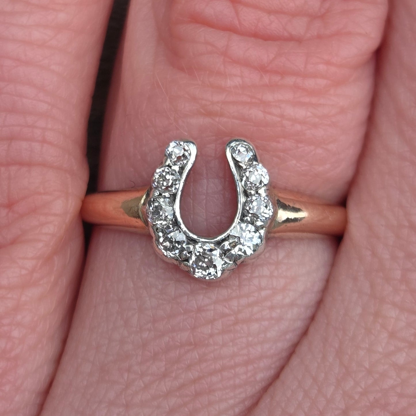 Antique Victorian Hallmarked Solid 9ct 9k Rose Gold Diamond Horse Shoe Ring Size L 1/2