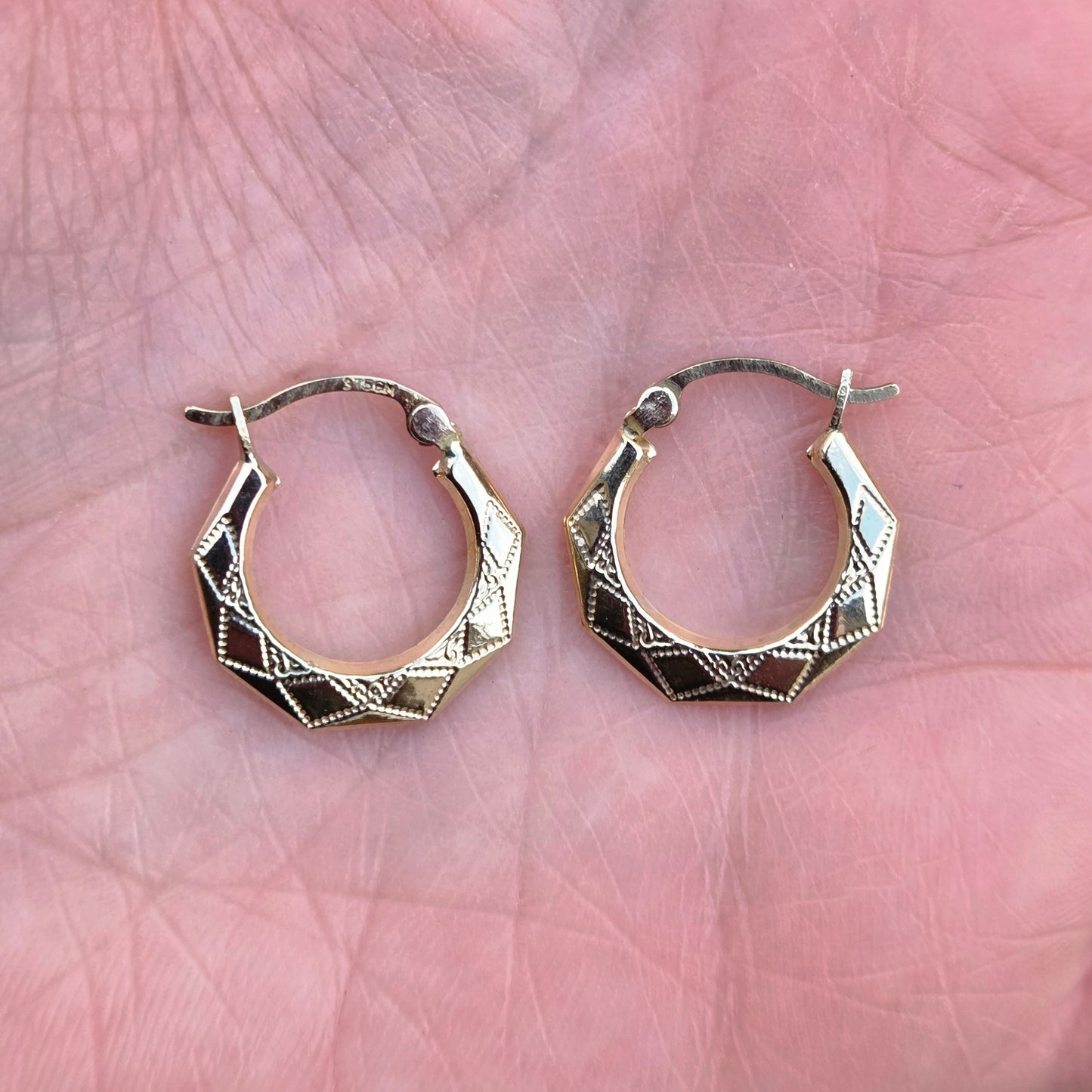 Vintage Hallmarked Solid 9ct 9k Gold Octagon Patterned Hoop Earrings Hoops