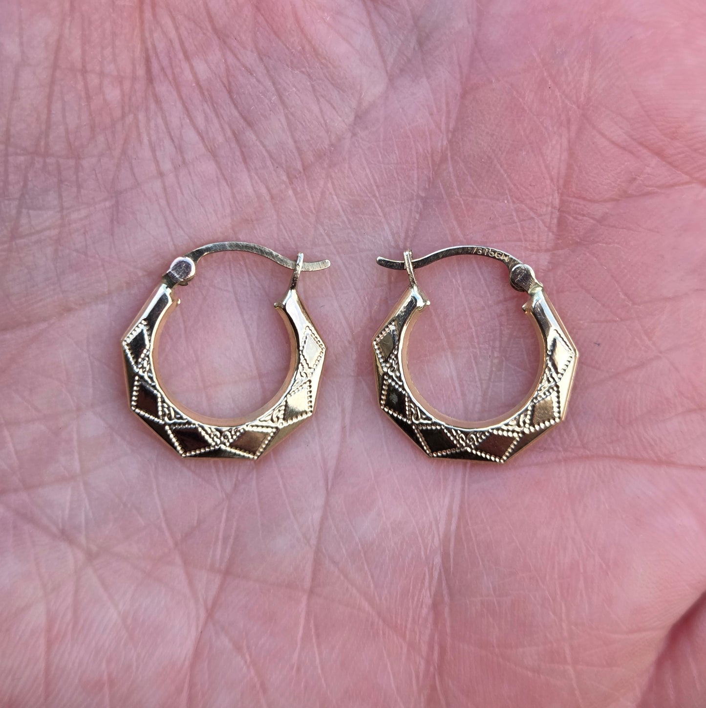 Vintage Hallmarked Solid 9ct 9k Gold Octagon Patterned Hoop Earrings Hoops