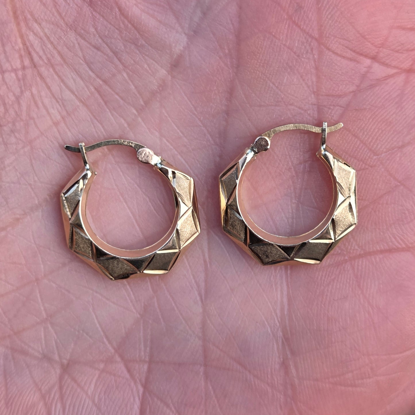 Vintage Hallmarked Solid 9ct 9k Gold Octagon Patterned Hoop Earrings Hoops