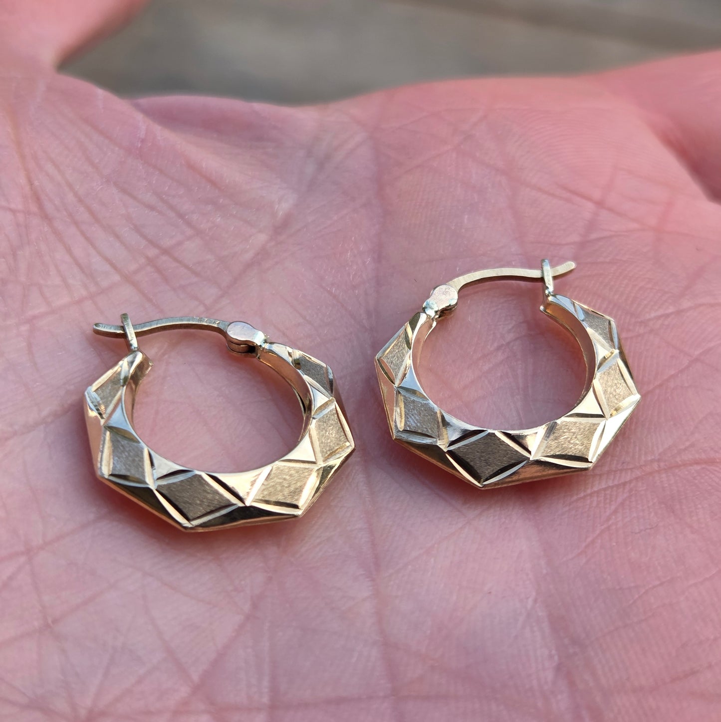 Vintage Hallmarked Solid 9ct 9k Gold Octagon Patterned Hoop Earrings Hoops