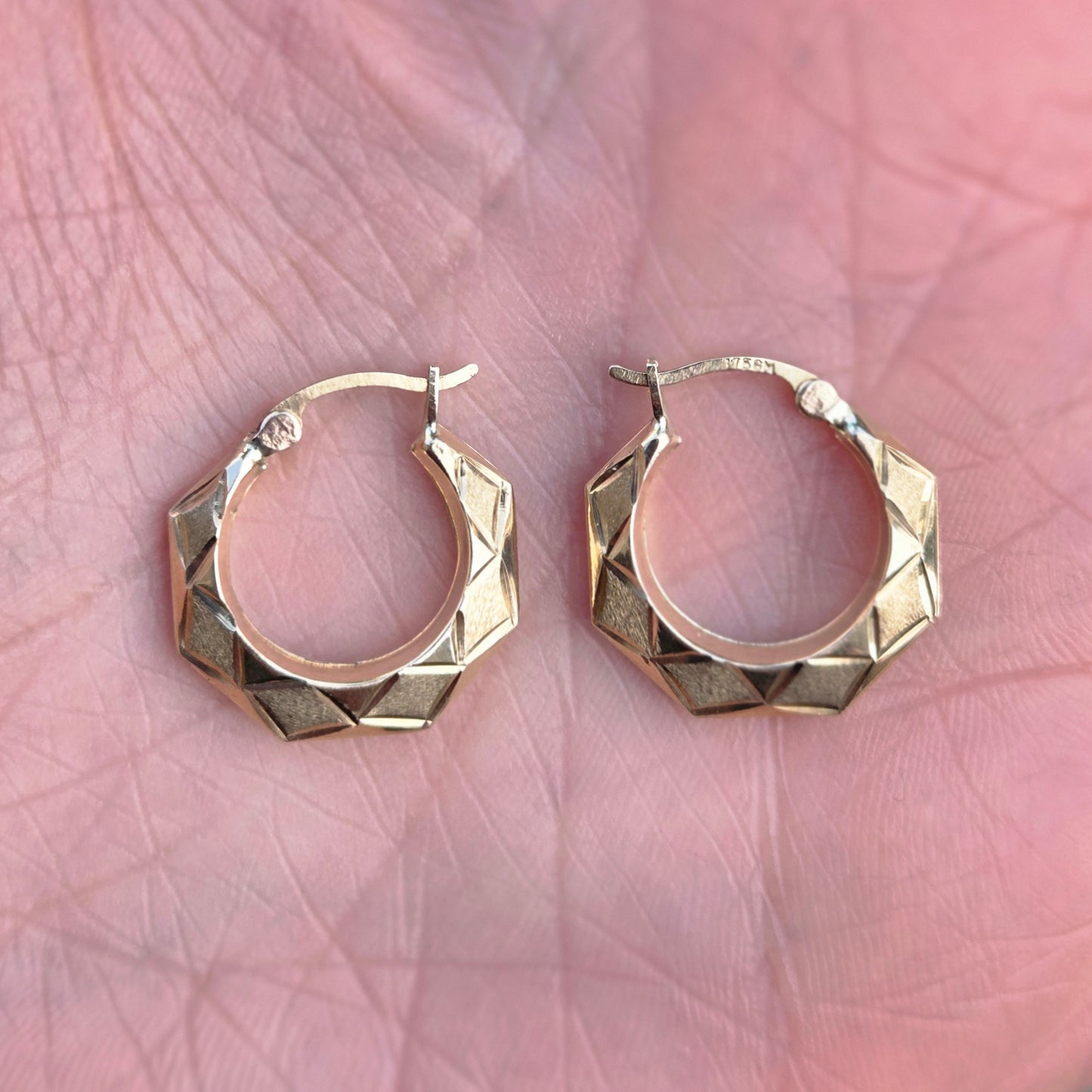 Vintage Hallmarked Solid 9ct 9k Gold Octagon Patterned Hoop Earrings Hoops