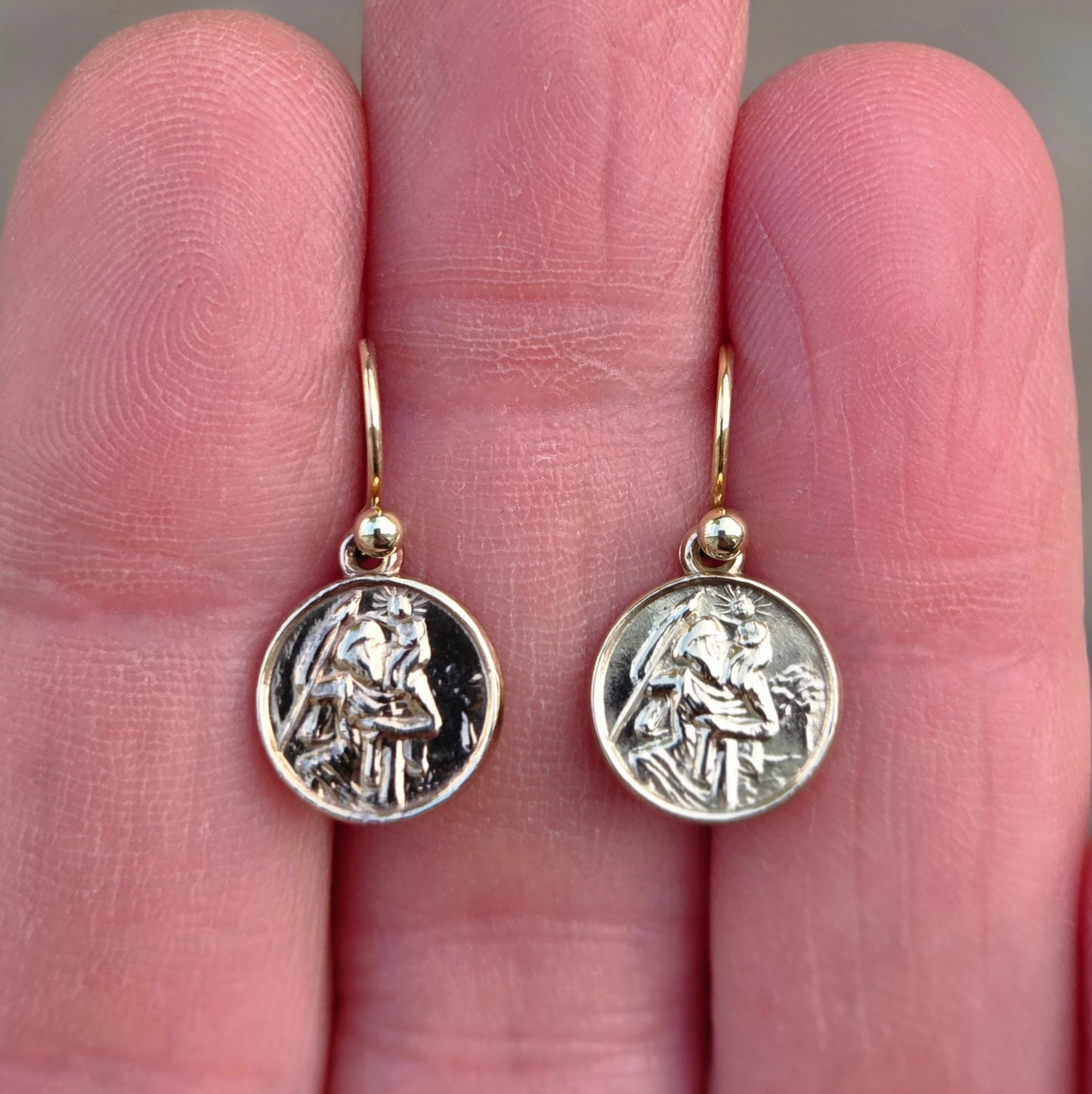 Vintage 1959 Hallmarked Solid 9ct 9k Gold St Christopher Coin Drop Hook Earrings