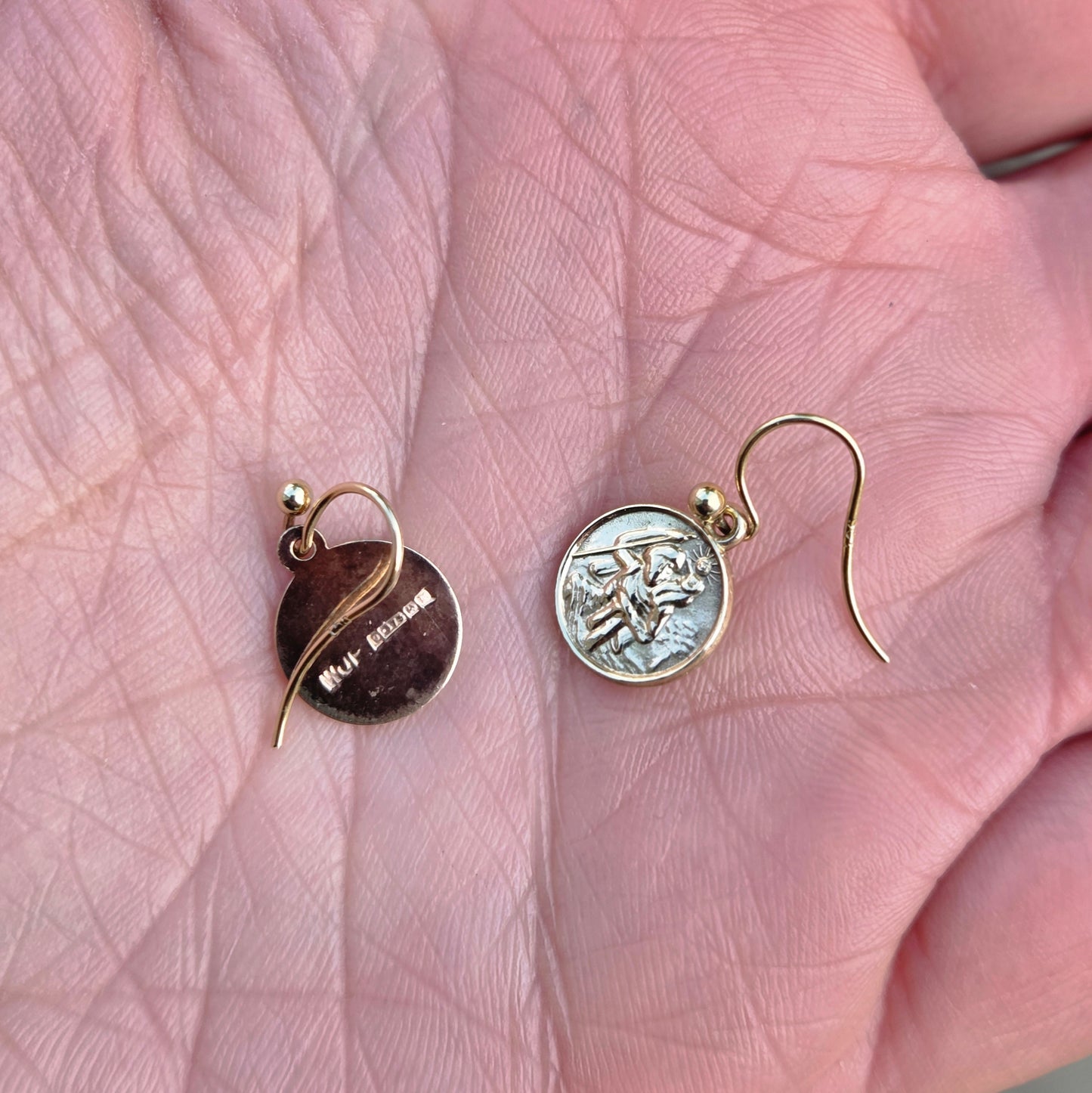 Vintage 1959 Hallmarked Solid 9ct 9k Gold St Christopher Coin Drop Hook Earrings