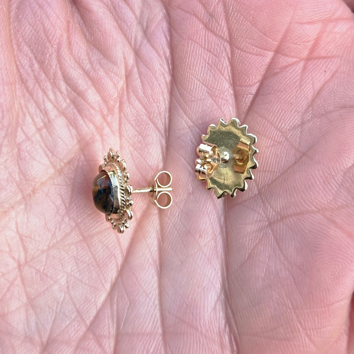 Vintage 1979 Hallmarked Solid 9ct 9k Gold Moss Agate Sun Burst Stud Earrings