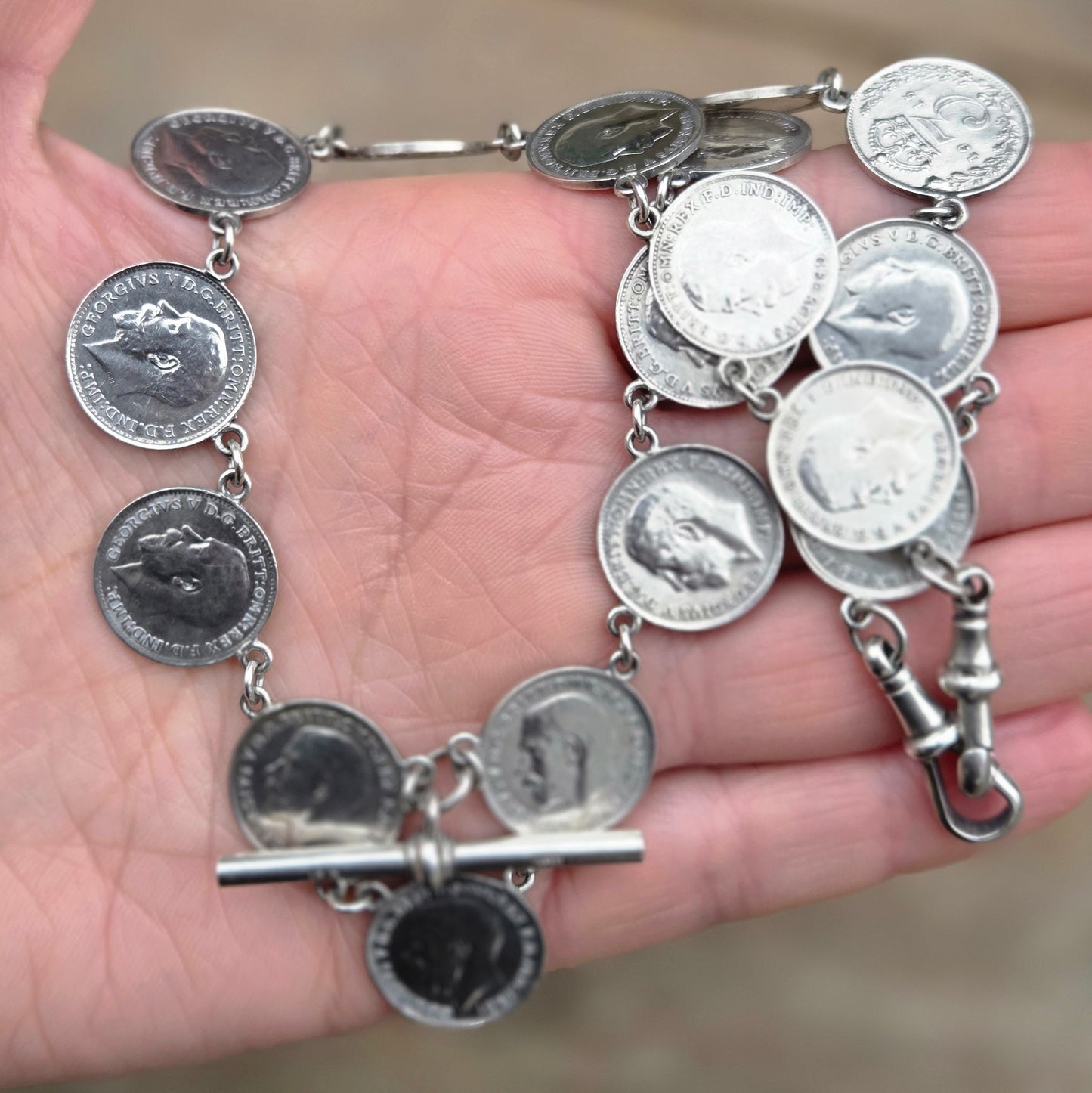 Antique Hallmarked Solid Silver Threepenny Coin Double Albert Watch Chain Necklace 33g