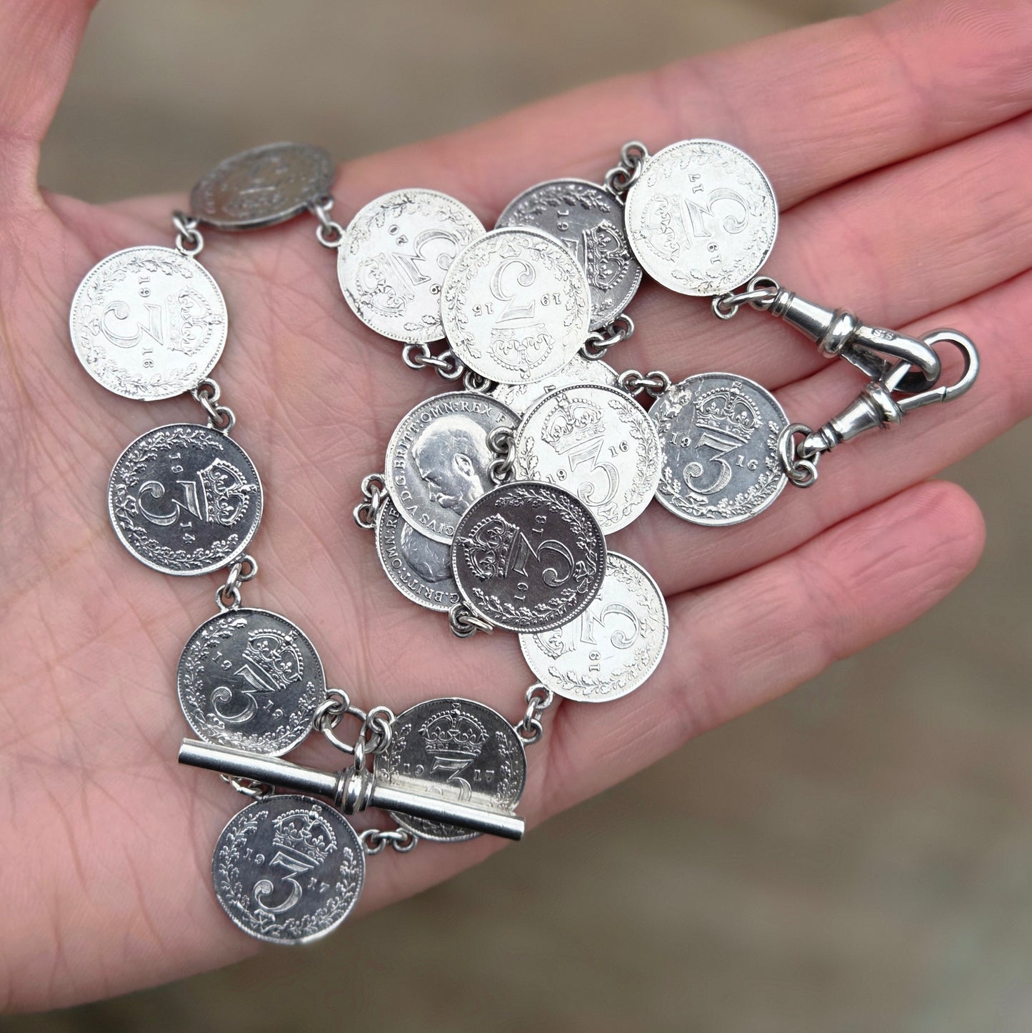 Antique Hallmarked Solid Silver Threepenny Coin Double Albert Watch Chain Necklace 33g