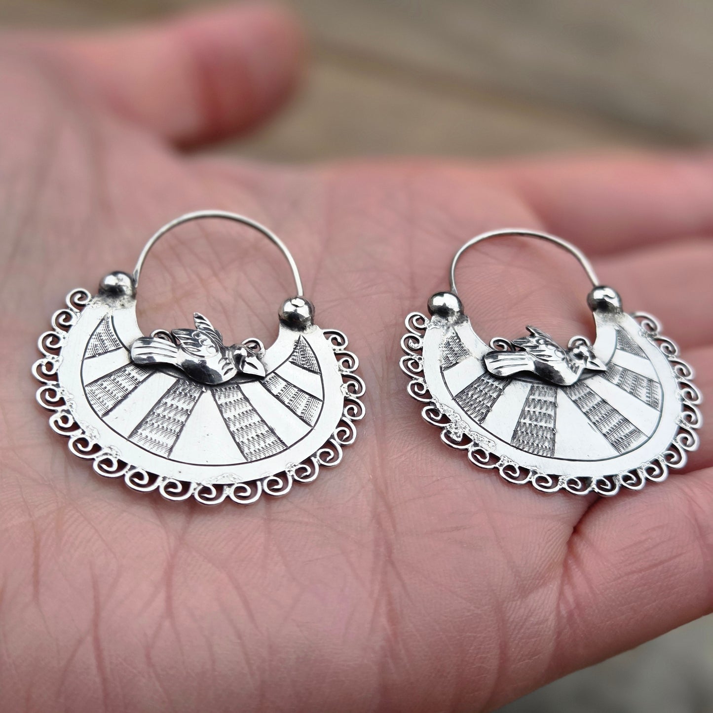 Vintage Hallmarked Solid Sterling Silver Large Bird Handbag Hoop Earrings Hoops 8g