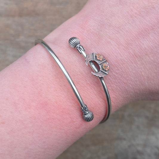 Antique Victorian Solid Sterling Silver 9ct Gold Moon Etruscan Sweetheart Bangle Cuff Bracelet