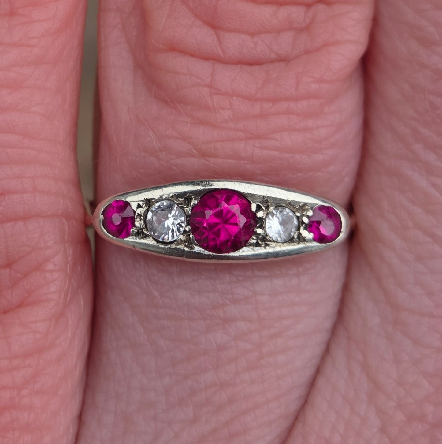 Antique Art Deco Hallmarked Solid 9ct 9k Gold Ruby Paste Boat Ring Size N 1/2