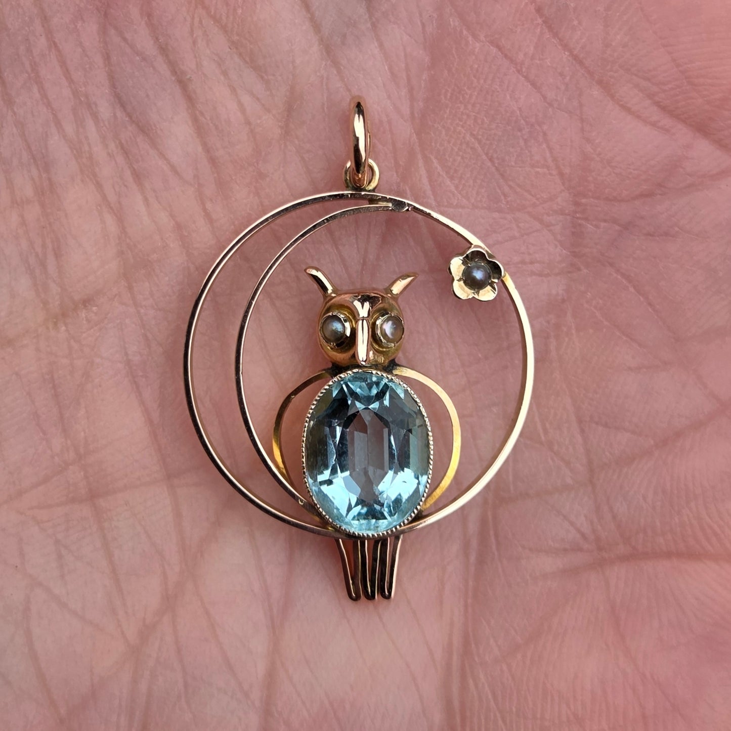 Antique Edwardian English Hallmarked Solid 9ct Gold Topaz Seed Pearl Owl Moon Star Pendant