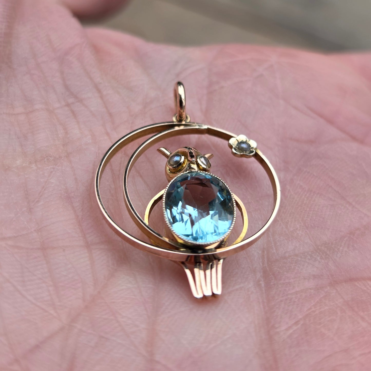 Antique Edwardian English Hallmarked Solid 9ct Gold Topaz Seed Pearl Owl Moon Star Pendant