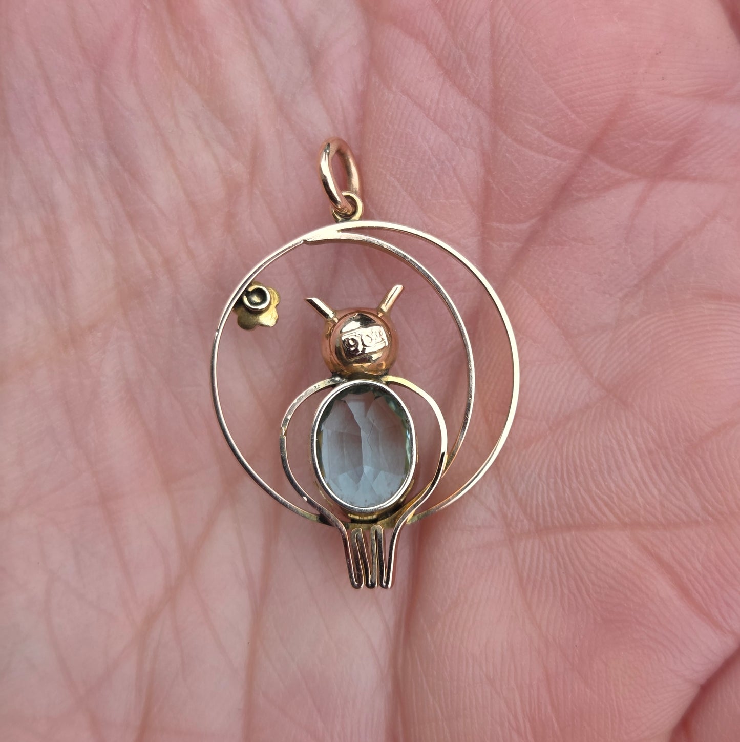 Antique Edwardian English Hallmarked Solid 9ct Gold Topaz Seed Pearl Owl Moon Star Pendant