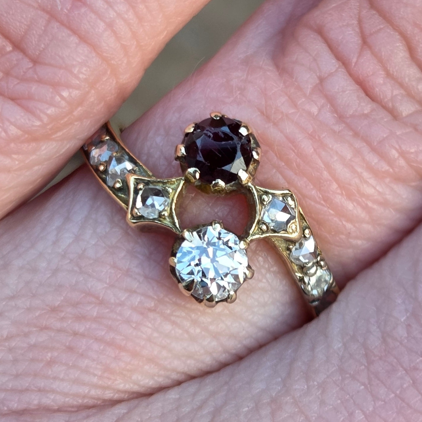 Antique Victorian Solid 15ct 15k Gold Old Cut Diamond Garnet Toi et Moi Ring Size N