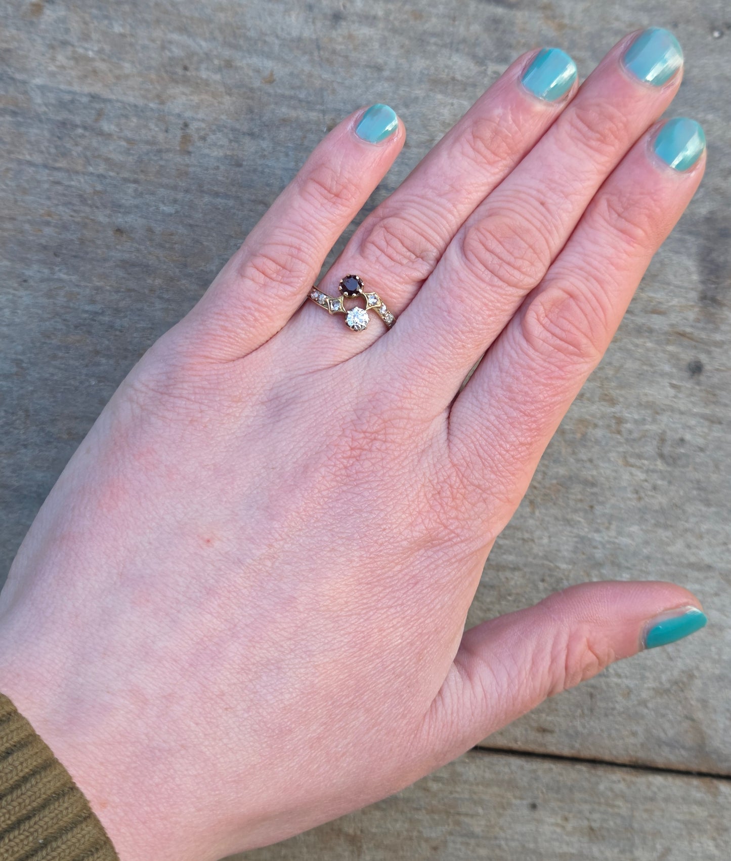 Antique Victorian Solid 15ct 15k Gold Old Cut Diamond Garnet Toi et Moi Ring Size N