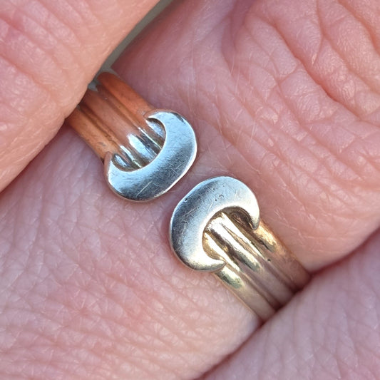 Vintage 1983 Hallmarked Solid 9ct 9k Gold Tri Colour Open Crescent Moon Ring Size M