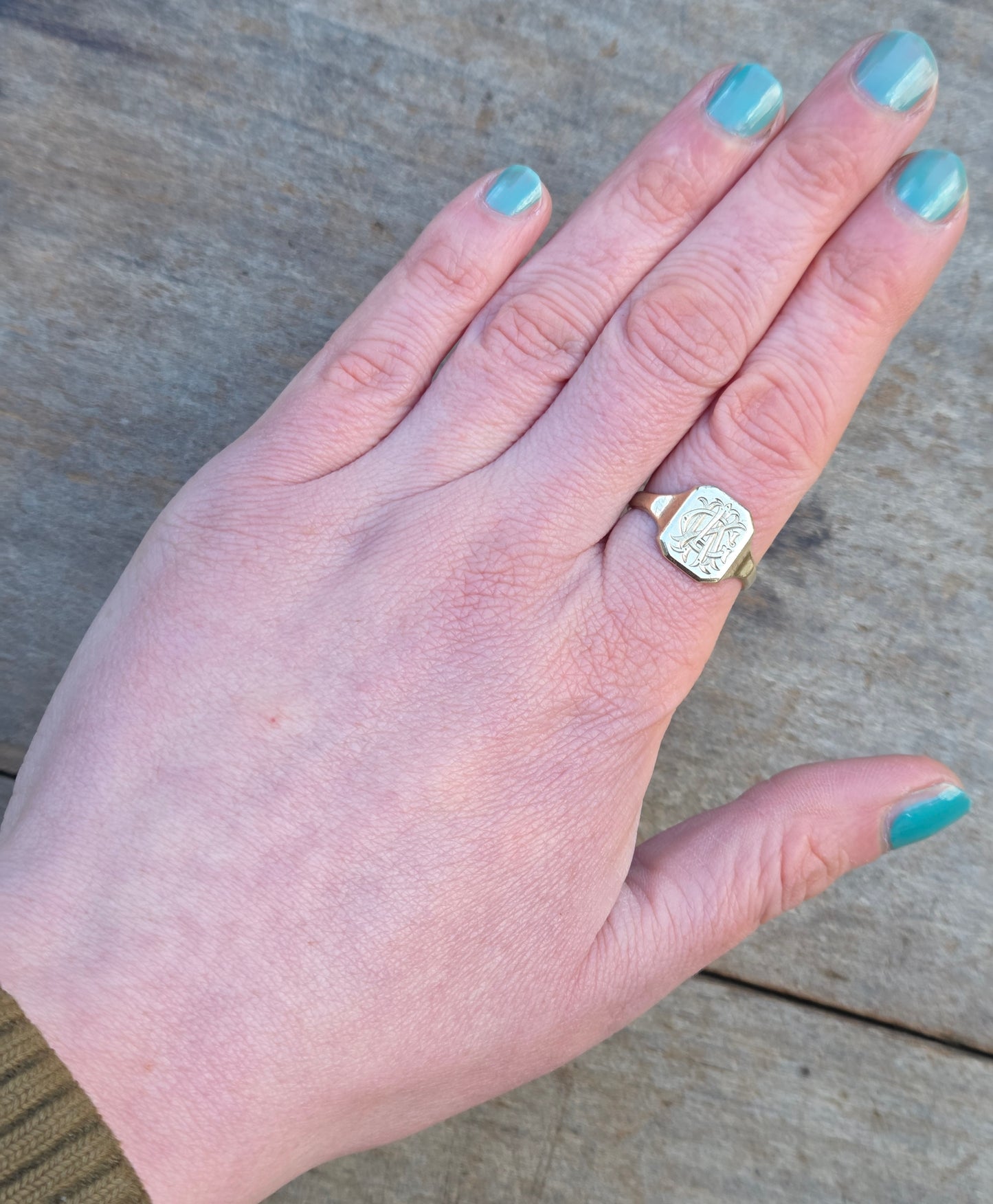 Antique Victorian Solid 9ct 9k Gold Silver Lined Monogram Signet Ring Size T