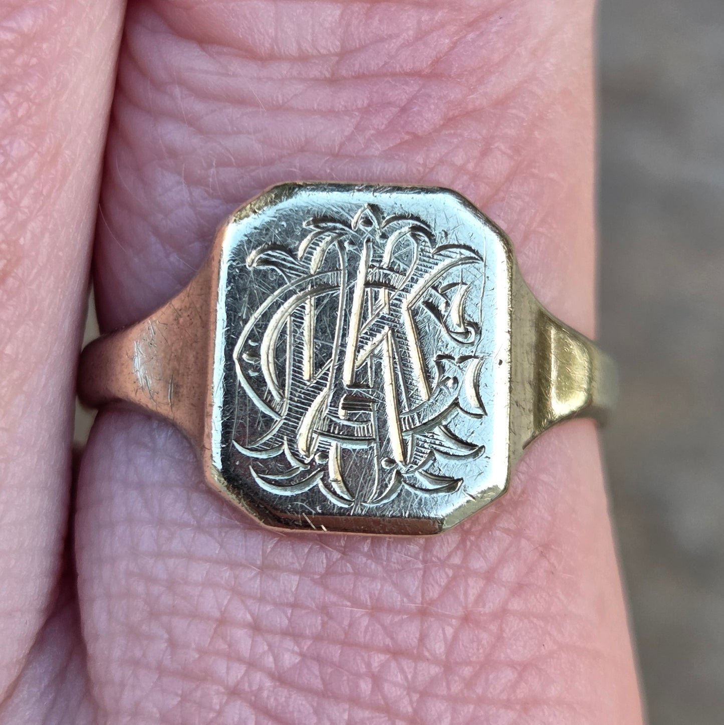 Antique Victorian Solid 9ct 9k Gold Silver Lined Monogram Signet Ring Size T